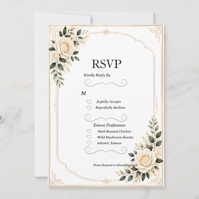 Greenery & White Roses Gold Frame Wedding RSVP  (Front)