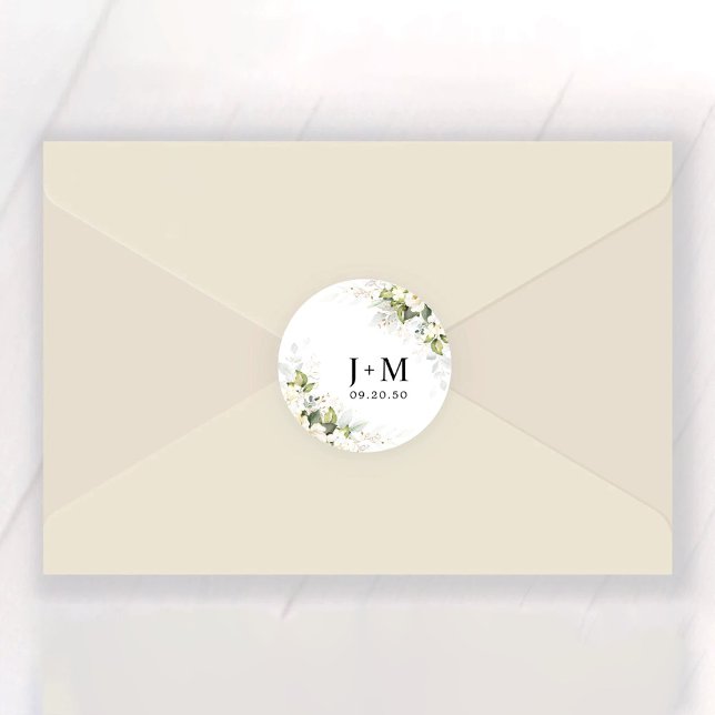 Greenery White Roses Wedding Classic Round Sticker (Creator Uploaded)
