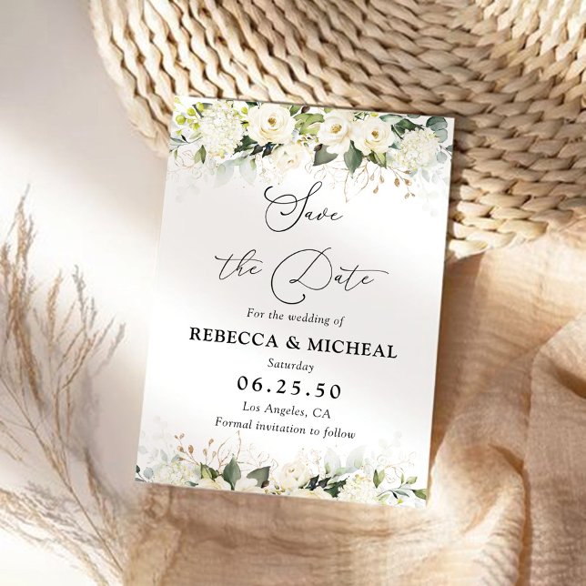 Greenery White Roses Wedding Save The Date Card (Creator Uploaded)
