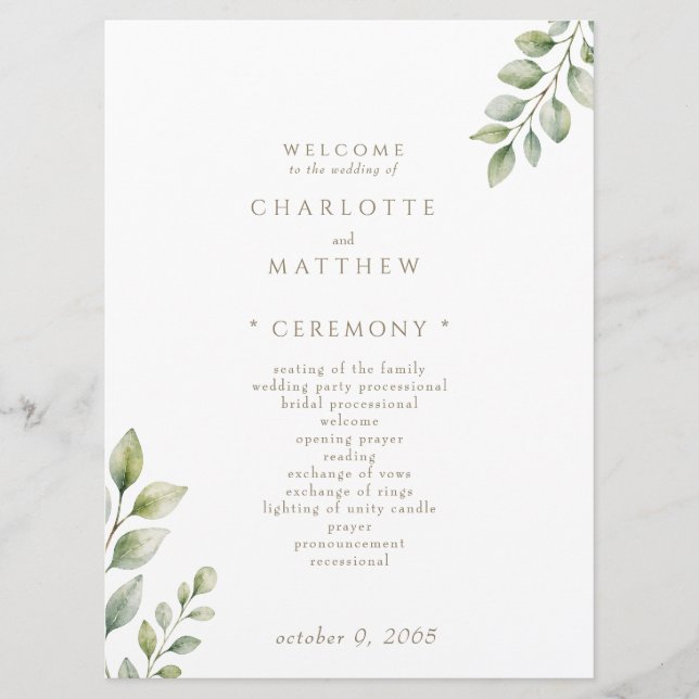 Greenery White Wedding Program Programme (Front)
