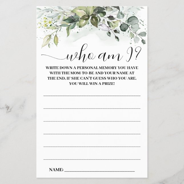 Greenery Who I am Baby Shower Game Card (Front)