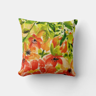 Greenery Wild Blooming Coral Flowers Watercolor Cushion