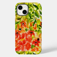 Greenery Wild Blooming Coral Flowers Watercolor