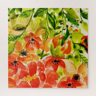 Greenery Wild Blooming Coral Flowers Watercolor Jigsaw Puzzle