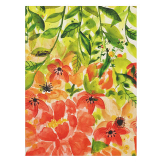 Greenery Wild Blooming Coral Flowers Watercolor Tablecloth