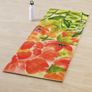 Greenery Wild Blooming Coral Flowers Watercolor Yoga Mat