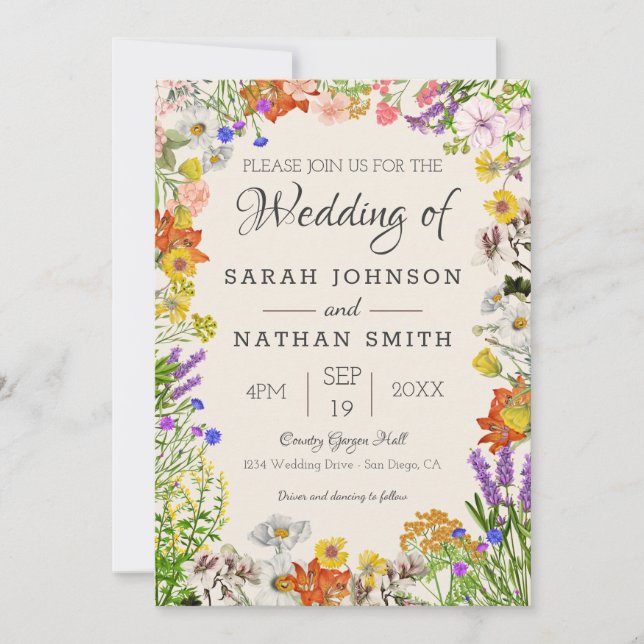 Greenery Wildflower Colourful Floral Wedding Frame Invitation (Front)