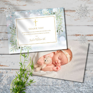 Greenery Winter Baptism Christening Photo Thank You Card