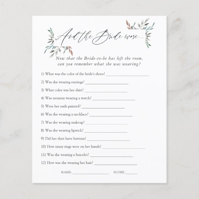 Greenery Winter Bridal Shower Game (Front)