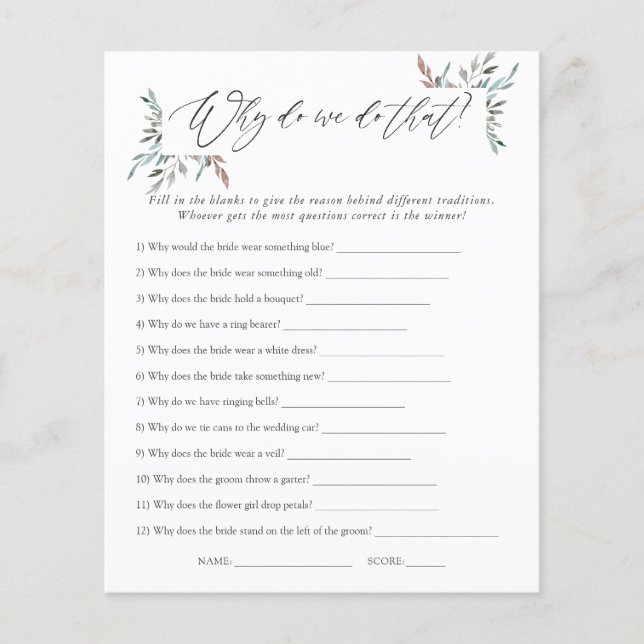 Greenery Winter Bridal Shower Traditions Game (Front)