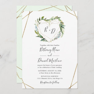 Greenery with Gold Geometric Heart Frame Wedding Invitation