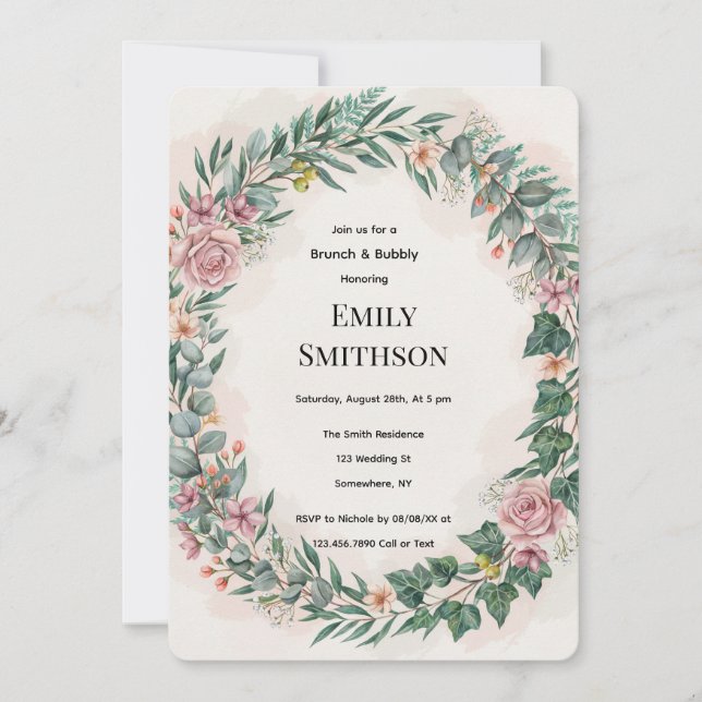 Greenery With Pink Flowers Brunch & Bubbly Invitation (Front)