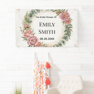 Greenery With Pink Flowers Romantic Bridal Shower Banner