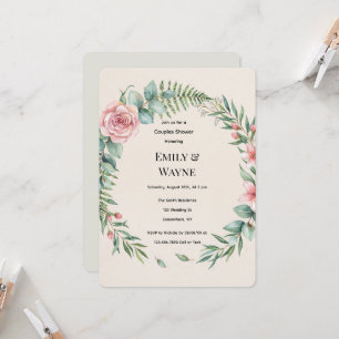 Greenery With Pink Flowers Romantic Couples Shower Invitation
