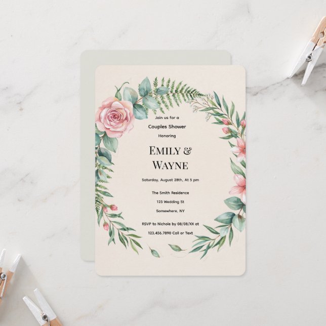 Greenery With Pink Flowers Romantic Couples Shower Invitation (Front/Back In Situ)