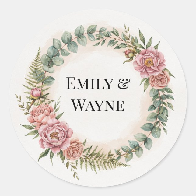 Greenery With Pink Flowers Romantic Wedding Classic Round Sticker (Front)