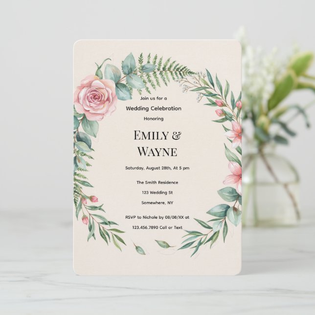Greenery With Pink Flowers Romantic Wedding Invitation (Standing Front)