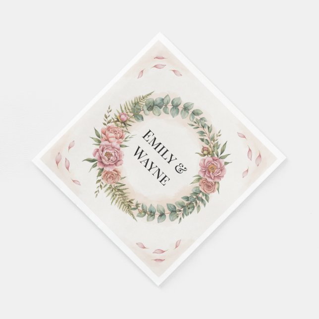 Greenery With Pink Flowers Romantic Wedding Napkin (Corner)