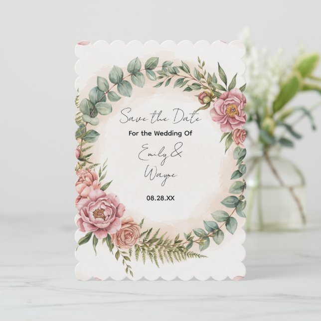 Greenery With Pink Flowers Romantic Wedding Save The Date (Standing Front)