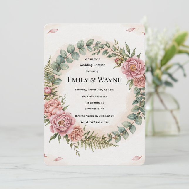 Greenery With Pink Flowers Romantic Wedding Shower Invitation (Standing Front)