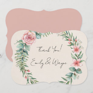 Greenery With Pink Flowers Romantic Wedding Thank You Card