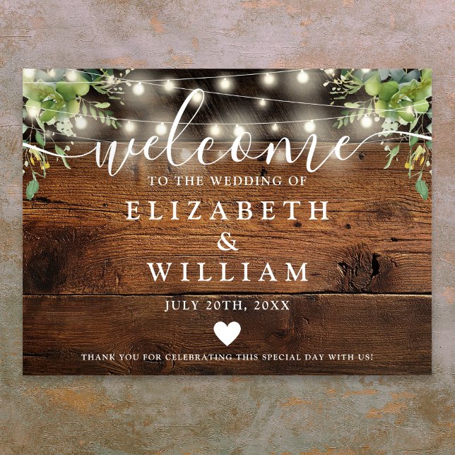 Greenery Wood String Lights Wedding Welcome Sign (Greenery Wood String Lights Wedding Welcome Sign)