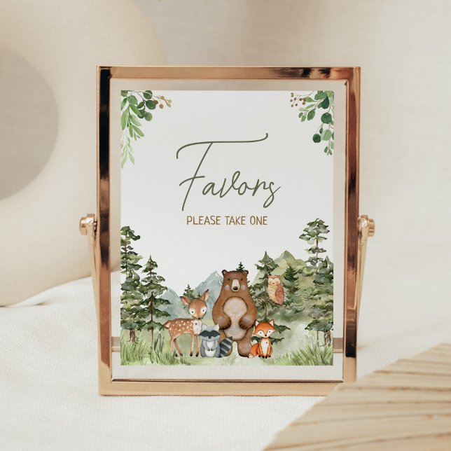 Greenery Woodland Animals Baby Shower Favours Poster (Greenery Forest Animals Baby Shower Favors Sign)
