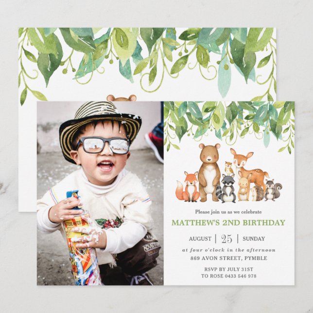 Greenery Woodland Animals Birthday Party Photo Invitation (Front/Back)