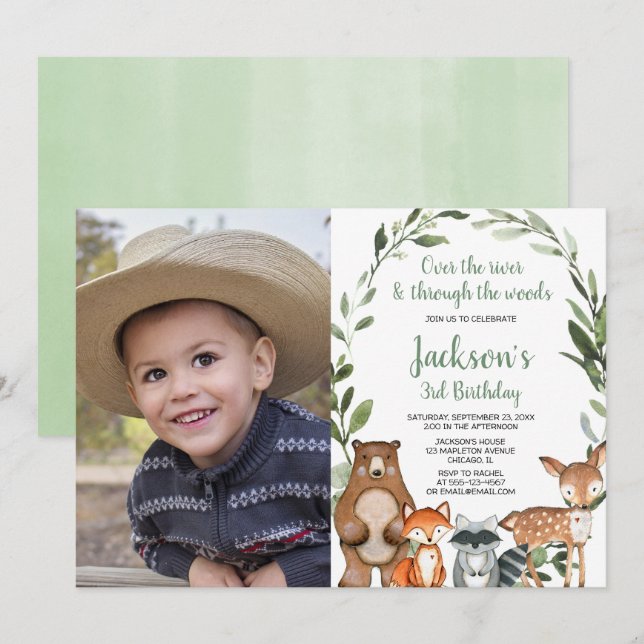 Greenery Woodland animals boy girl birthday photo Invitation (Front/Back)