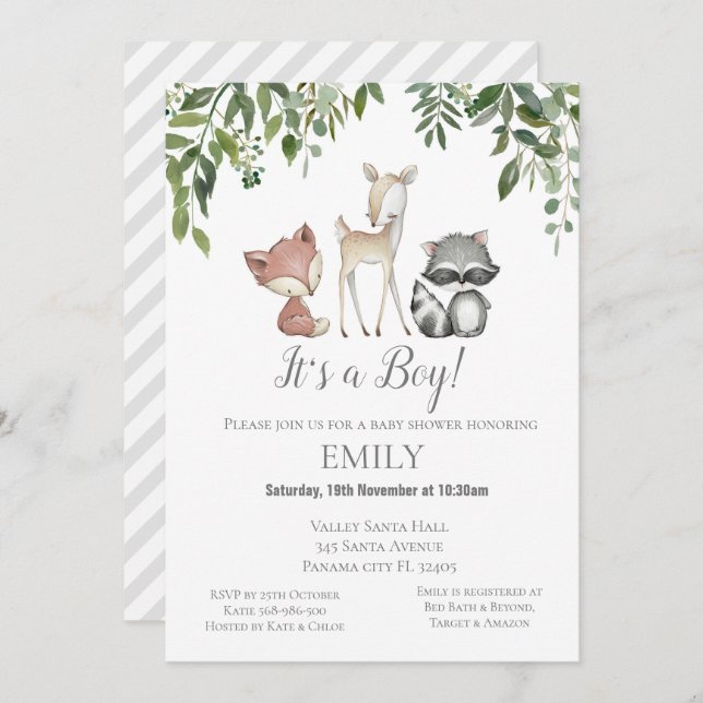 Greenery Woodland Animals Invitation - Baby Shower (Front/Back)