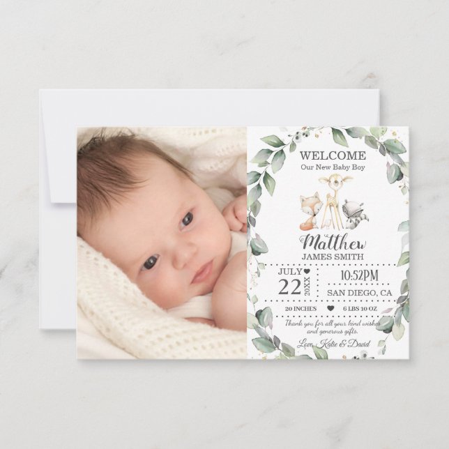 Greenery Woodland Animals New Baby Boy Photo Birth Announcement (Front)