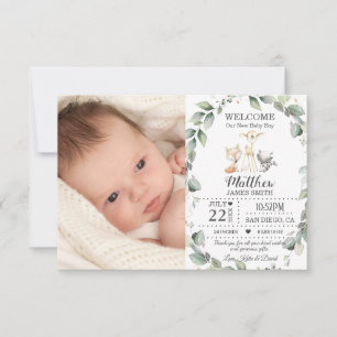 Greenery Woodland Animals New Baby Boy Photo Birth Announcement
