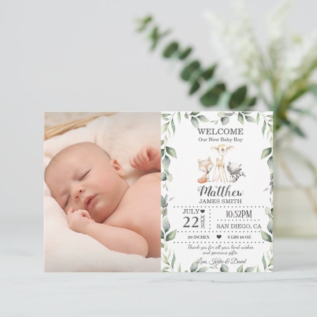 Greenery Woodland Animals New Baby Boy Photo Birth Announcement (Standing Front)