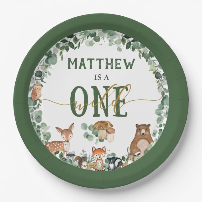 Greenery Woodland Animals Wild One 1st Birthday Pa Paper Plate (Front)