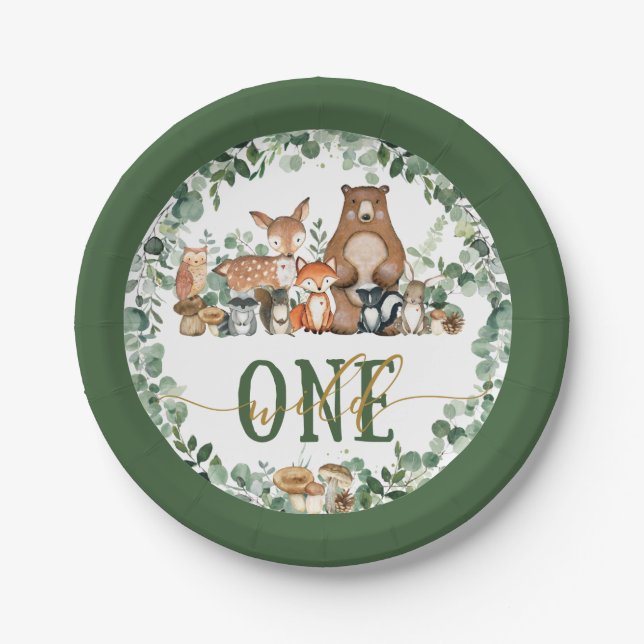 Greenery Woodland Animals Wild One 1st Birthday Paper Plate (Front)