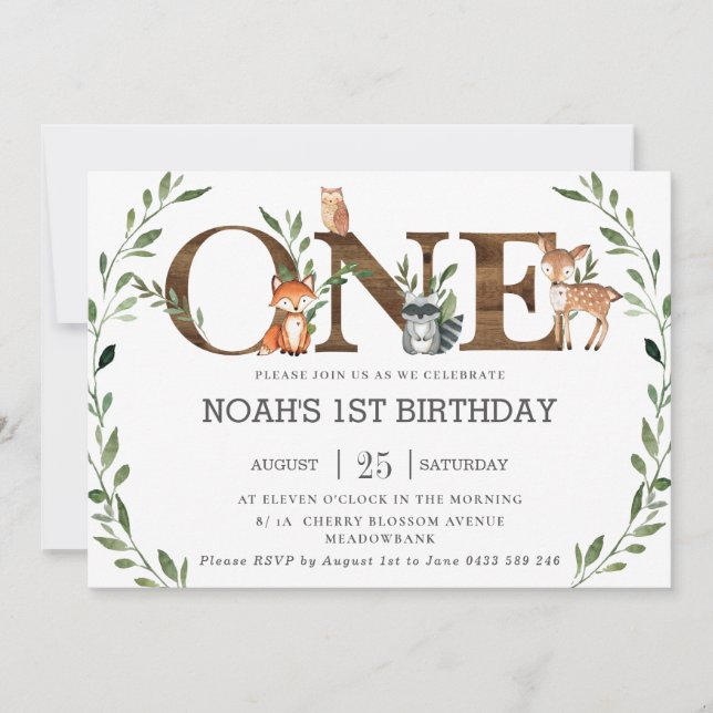 Greenery Woodland Animals Wood ONE 1st Birthday Invitation (Front)