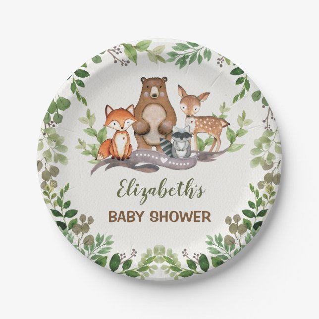 Greenery Woodland Baby Animals Shower 1st Birthday Paper Plate (Front)