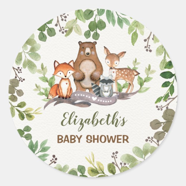 Greenery Woodland Baby Animals Thank You Favours Classic Round Sticker (Front)
