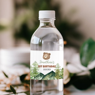 Greenery Woodland Bear 1st Birthday  Water Bottle Label