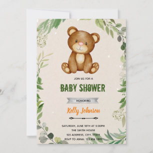 Greenery woodland bear shower birthday invitation