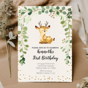 Greenery Woodland Deer Birthday Invitation