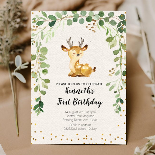 Greenery Woodland Deer Birthday Invitation (Creator Uploaded)