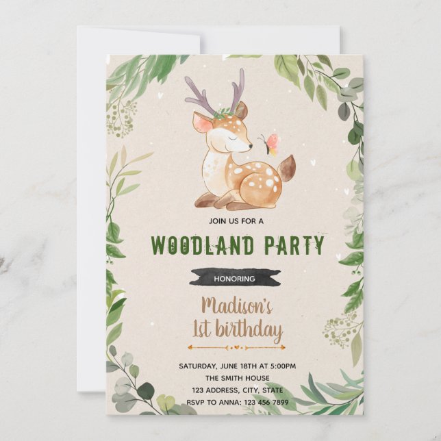 Greenery woodland deer theme invitation (Front)