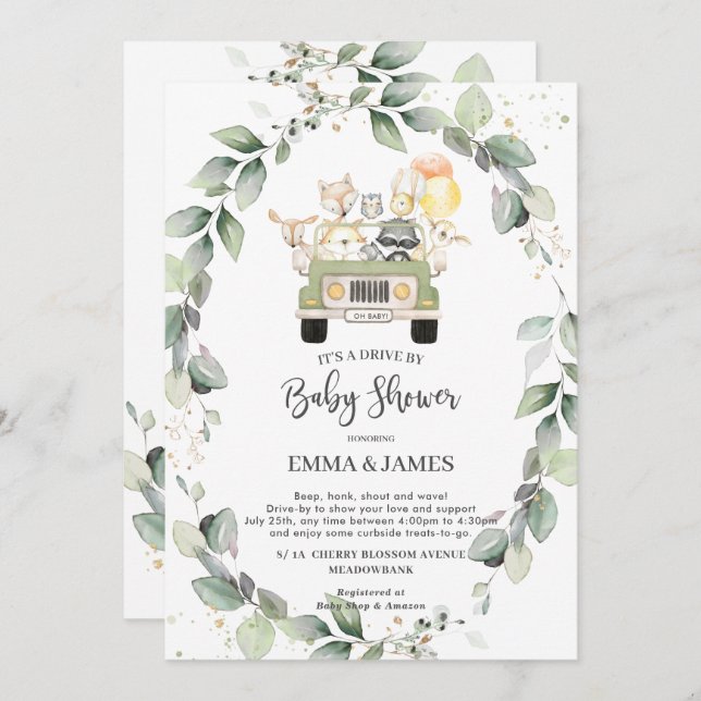 Greenery Woodland Drive By Baby Shower Neutral Invitation (Front/Back)