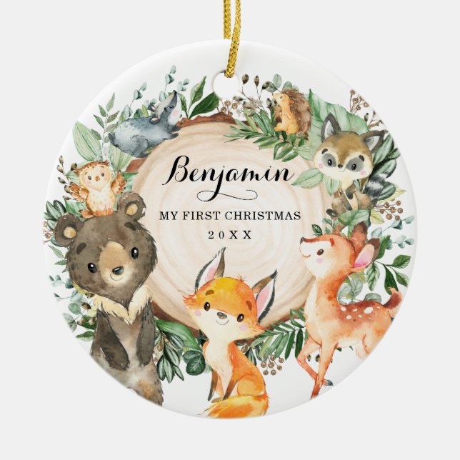 Greenery Woodland Forest Animals First Christmas Ceramic Tree Decoration (Front)