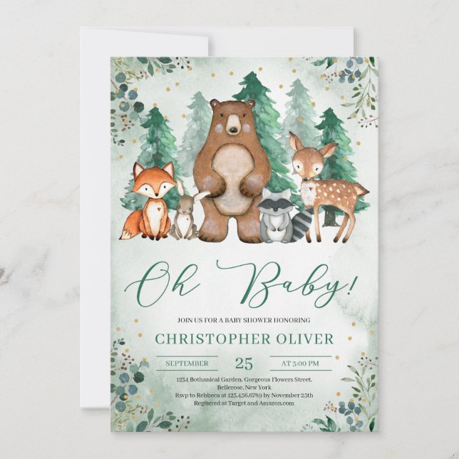 Greenery woodland forest animals gold oh baby invitation (Front)