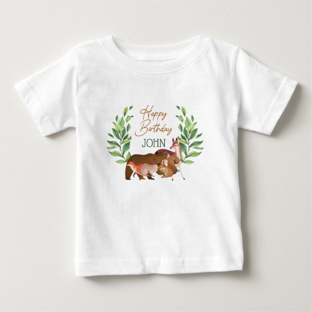 Greenery Woodland Forest Animals Happy Birthday Baby T-Shirt (Front)