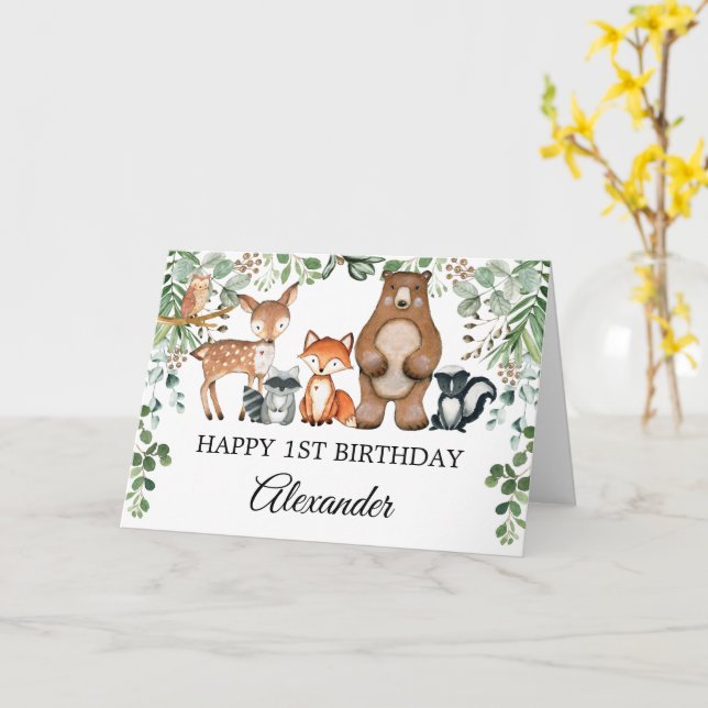 Greenery Woodland Forest Animals Happy Birthday Card (Yellow Flower)