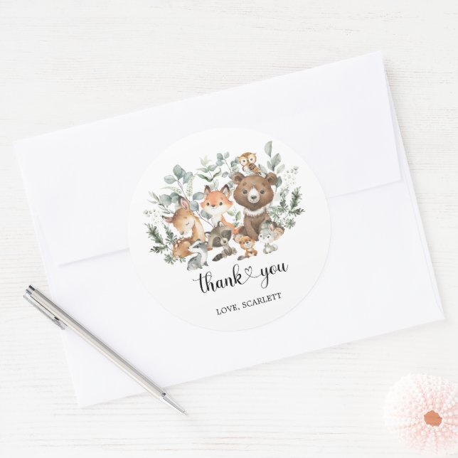 Greenery Woodland Forest Animals Neutral Thank You Classic Round Sticker (Envelope)