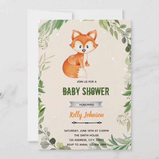 Greenery woodland fox birthday invitation (Front)